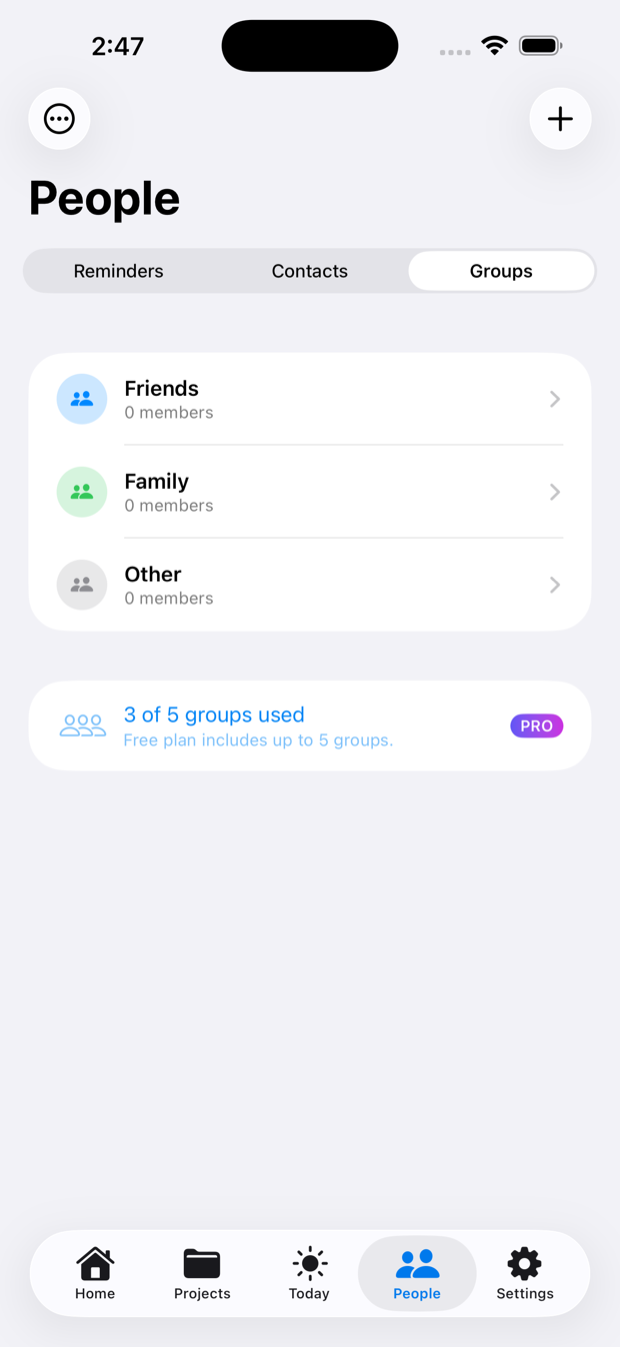 Timely Groups screen