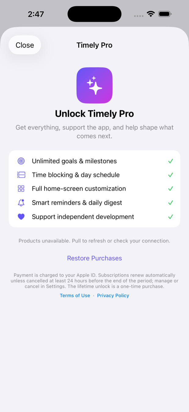 Timely Pro screen